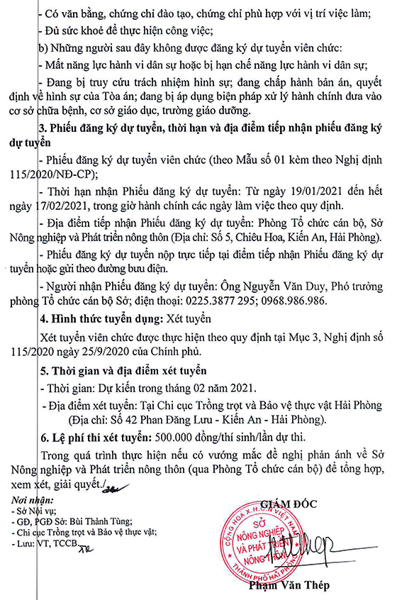 Chi cục Trồng trọt và Bảo vệ thực vật - Sở NN và PTNT TP. Hải Phòng tuyển dụng viên chức năm 2020