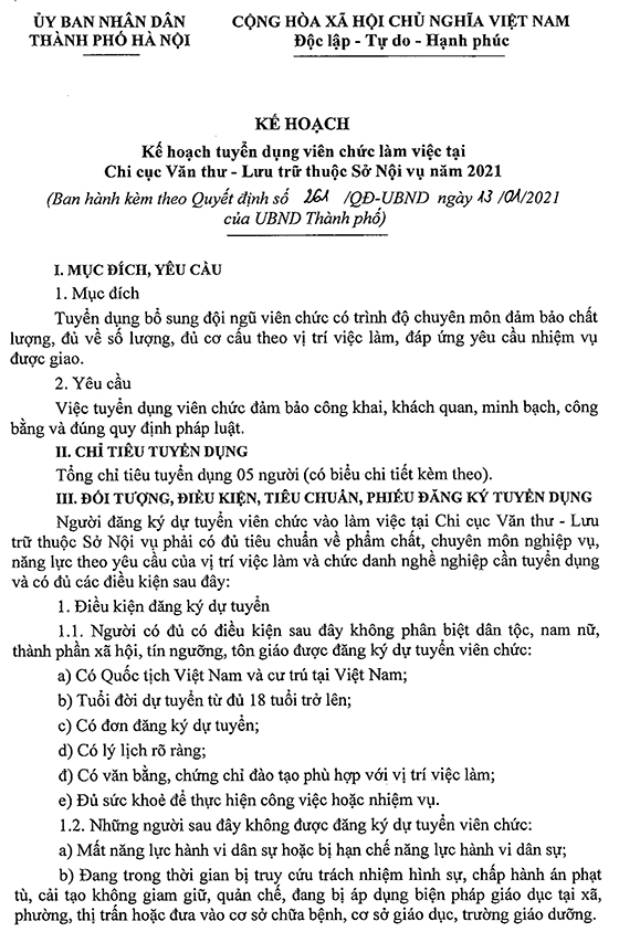 Chi cục Văn thư - Sở Nội vụ TP. Hà Nội tuyển dụng viên chức năm 2021