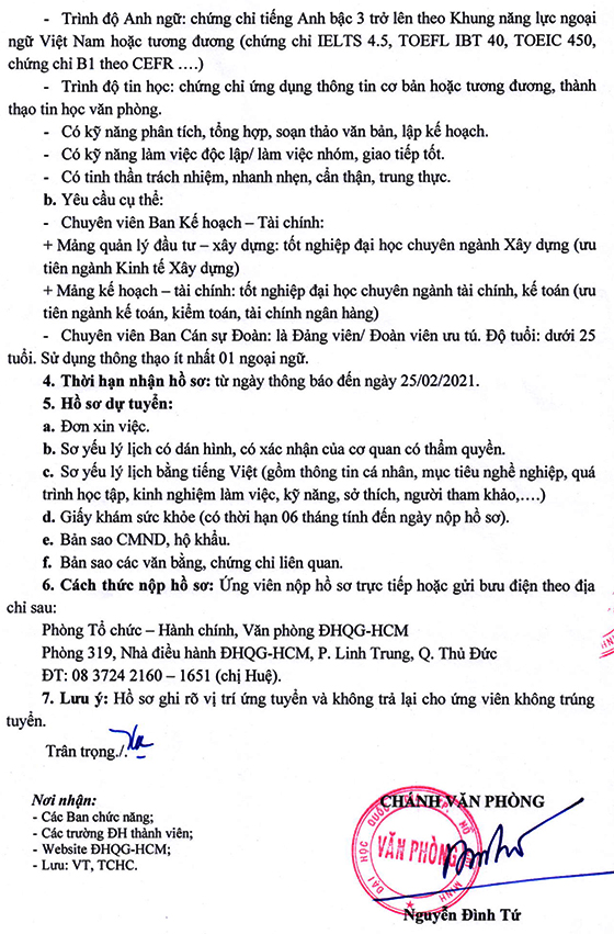 Cơ quan Đại học Quốc gia TP. Hồ Chí Minh tuyển dụng viên chức năm 2021