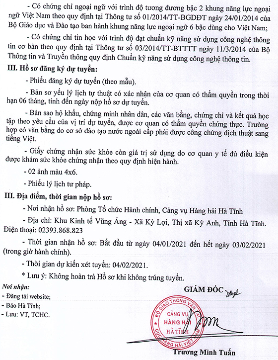 Cảng vụ Hàng hải Hà Tĩnh tuyển dụng viên chức năm 2021 