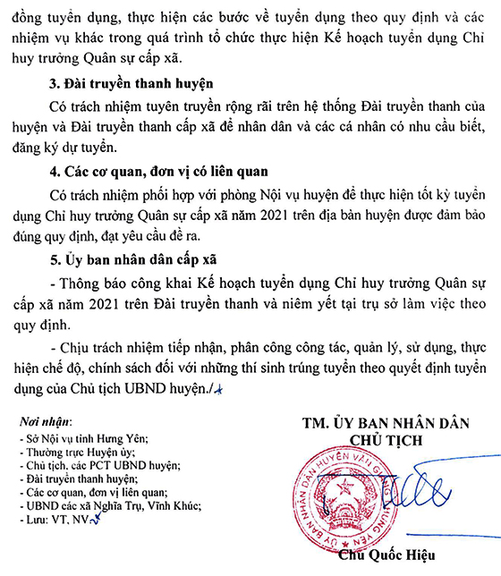 UBND huyện Văn Giang, Hưng Yên tuyển dụng Chỉ huy trưởng QS cấp xã năm 2021