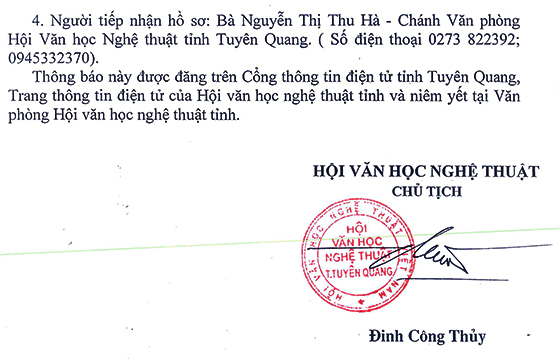 Hội Văn học Nghệ thuật tỉnh Tuyên Quang tiếp nhận viên chức 6 tháng cuối năm 2020