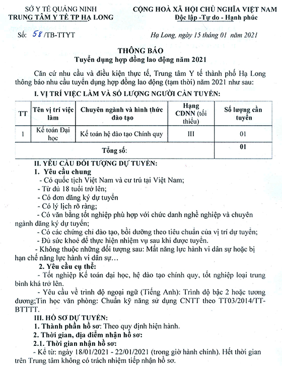 TTYT TP. Hạ Long, Quảng Ninh tuyển dụng LĐHĐ năm 2021