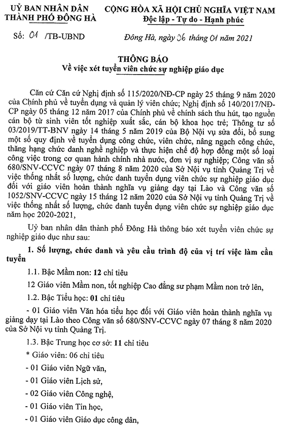 UBND TP.Đông Hà, Quảng Trị tuyển dụng giáo viên năm 2021