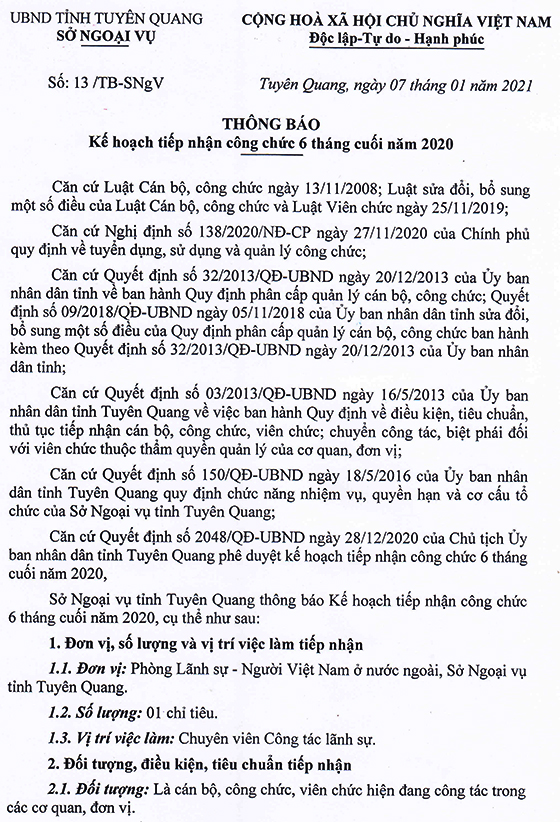 Sở Ngoại vụ tỉnh Tuyên Quang tiếp nhận công chức 6 tháng cuối năm 2020