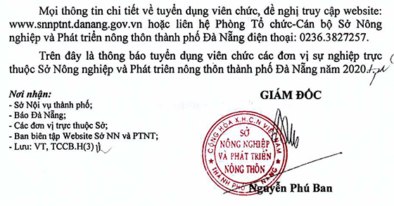 Sở Nông nghiệp và Phát triển nông thôn TP. Đà Nẵng tuyển dụng viên chức năm 2020