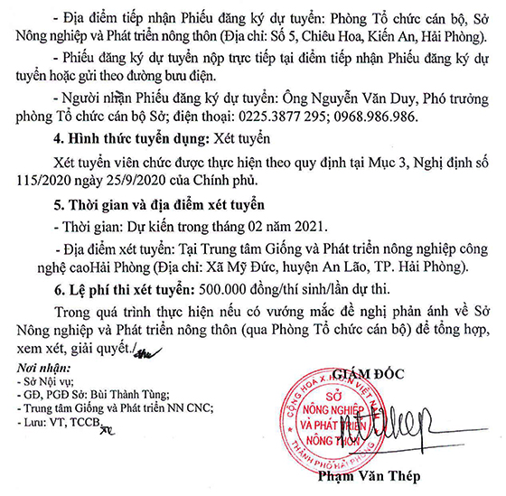 Sở Nông nghiệp và Phát triển nông thôn TP.Hải Phòng tuyển dụng viên chức năm 2020