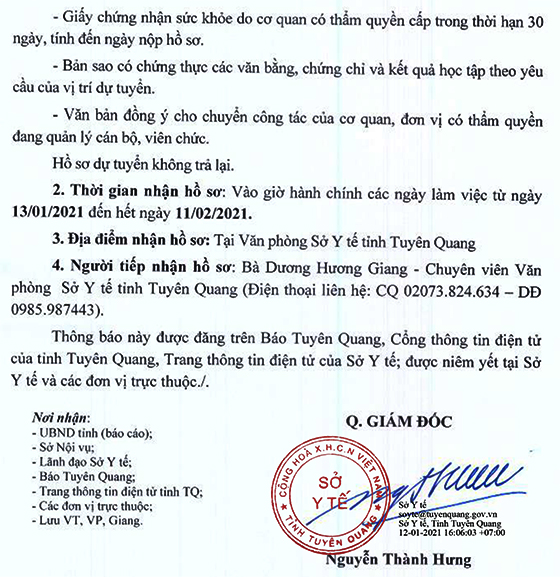 Sở Y tế tỉnh Tuyên Quang tiếp nhận viên chức 6 tháng cuối năm 2020