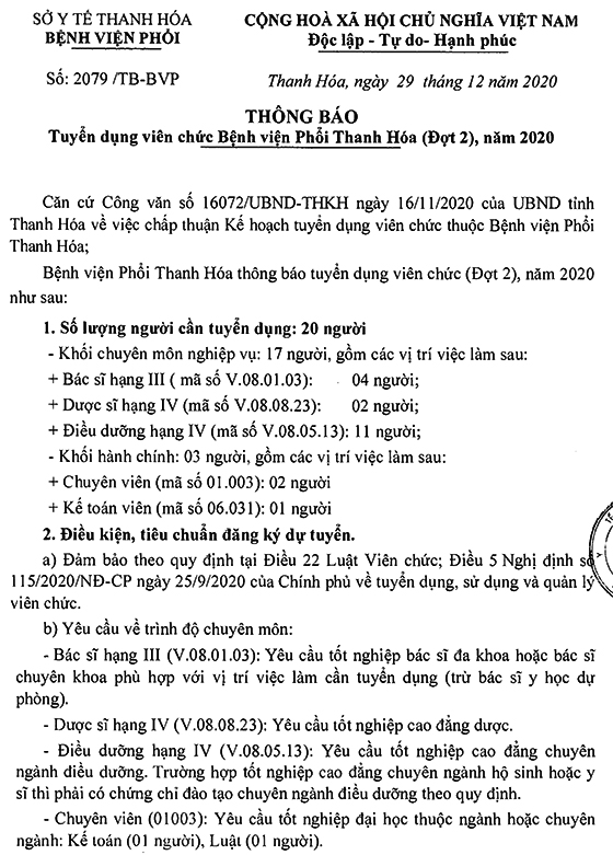 Bệnh viện Phổi Thanh Hóa tuyển dụng viên chức đợt 2 năm 2020