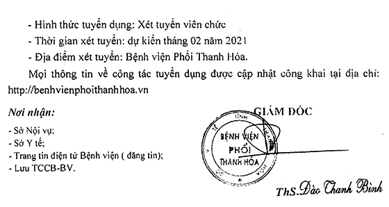 Bệnh viện Phổi Thanh Hóa tuyển dụng viên chức đợt 2 năm 2020