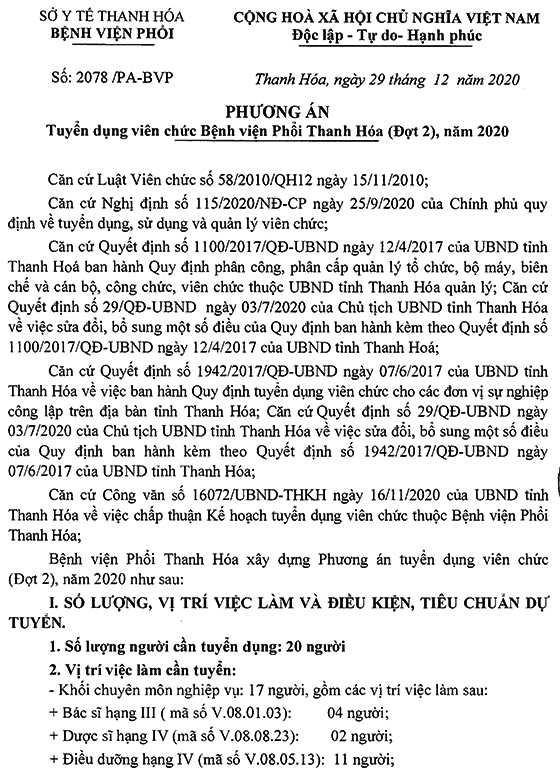 Bệnh viện Phổi Thanh Hóa tuyển dụng viên chức đợt 2 năm 2020