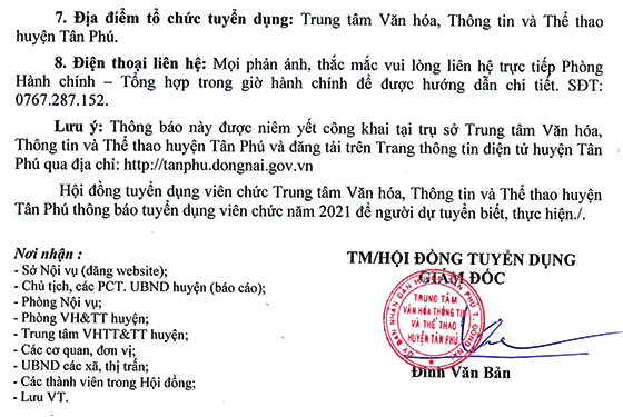 TT Văn hóa, Thông tin và Thể thao huyện Tân Phú, Đồng Nai tuyển dụng viên chức năm 2021