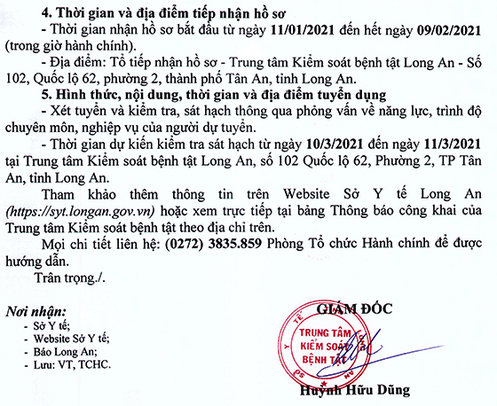 TT Kiểm soát bệnh tật tỉnh Long An tuyển dụng viên chức đợt 2 năm 2020