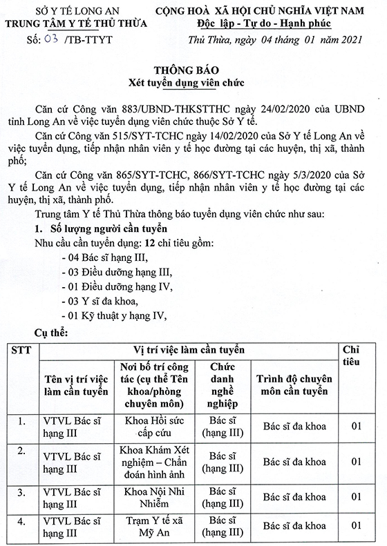 TTYT huyện Thủ Thừa, Long An tuyển dụng viên chức y tế năm 2021