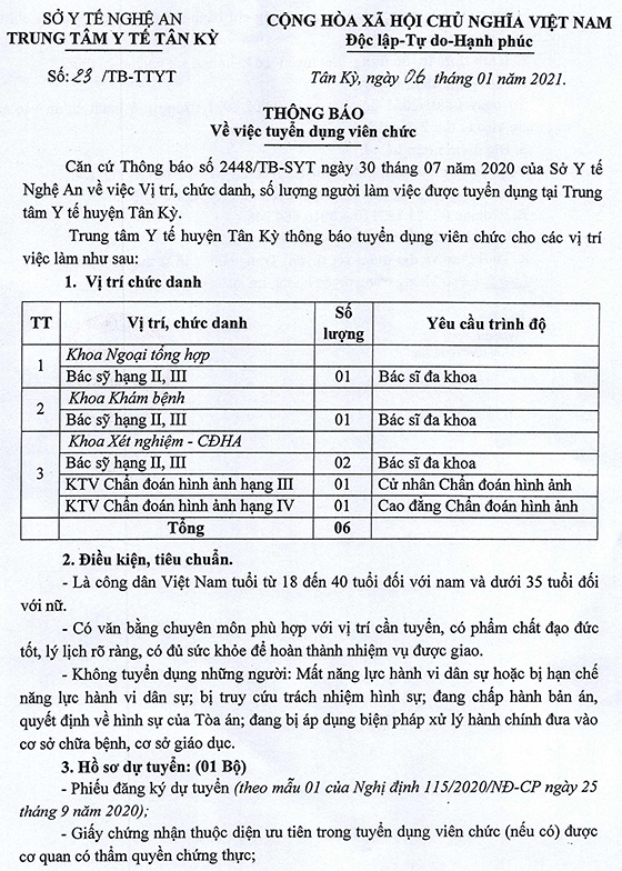 TTYT huyện Tân Kỳ, Nghệ An tuyển dụng viên chức y tế năm 2021