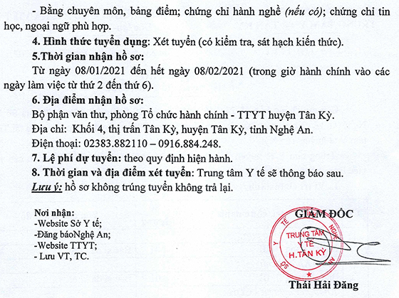 TTYT huyện Tân Kỳ, Nghệ An tuyển dụng viên chức y tế năm 2021