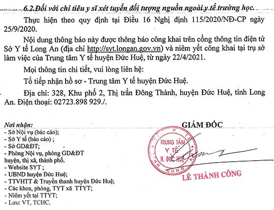 TTYT huyện Đức Huệ, Long An tuyển dụng viên chức y tế năm 2021