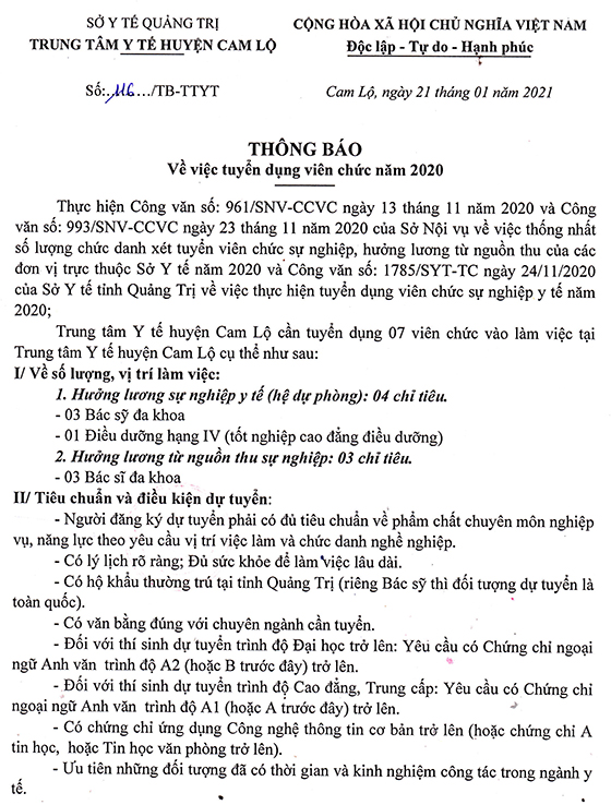 TTYT huyện Cam Lộ, Quảng Trị tuyển dụng viên chức năm 2020