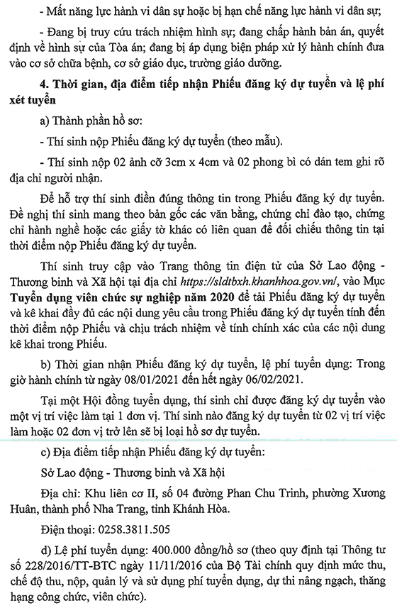 Sở Lao động - Thương binh và Xã hội tỉnh Khánh Hòa tuyển dụng viên chức năm 2020