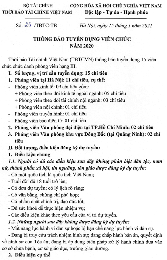 Thời báo Tài chính Việt Nam tuyển dụng viên chức năm 2021
