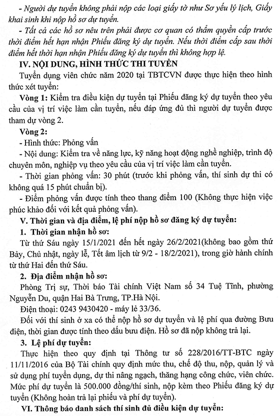 Thời báo Tài chính Việt Nam tuyển dụng viên chức năm 2021