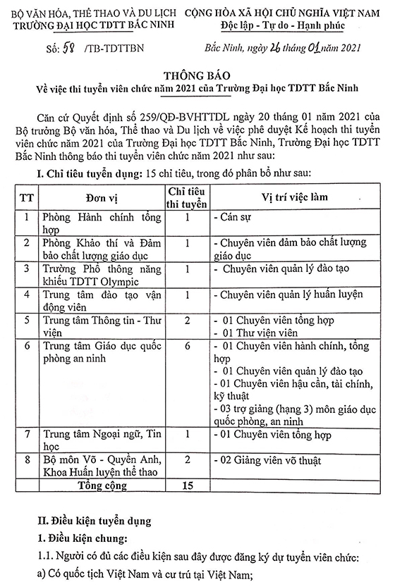 Trường Đại học TDTT Bắc Ninh tuyển dụng viên chức năm 2021