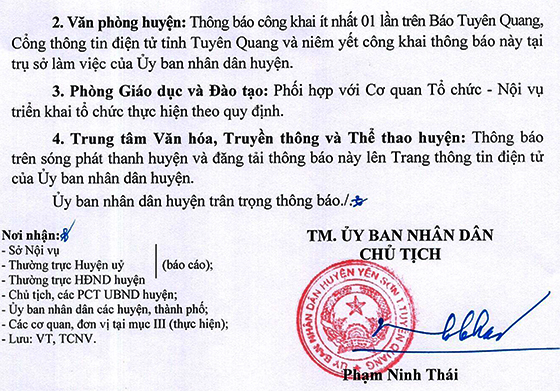 UBND huyện Yên Sơn, Tuyên Quang tiếp nhận viên chức 6 tháng cuối năm 2020