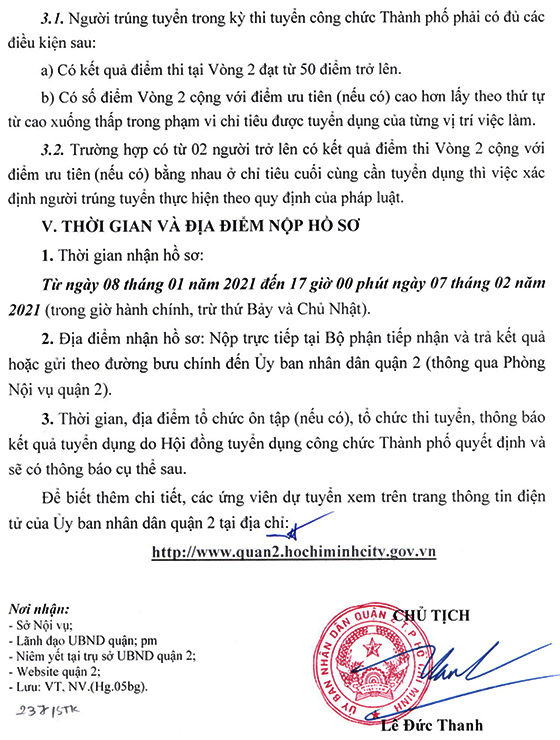 UBND Quận 2, TP. Hồ Chí Minh tuyển dụng công chức quận năm 2020