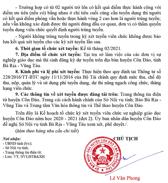 UBND huyện Côn Đảo, Bà Rịa - Vũng Tàu tuyển dụng giáo viên và nhân viên trường học đợt 2 năm học 2020-2021