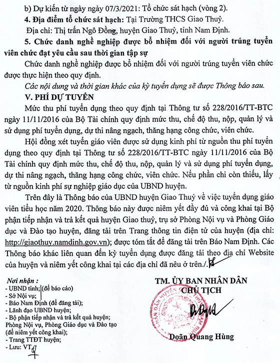 UBND huyện Giao Thủy, Nam Định tuyển dụng giáo viên Tiểu học năm 2020