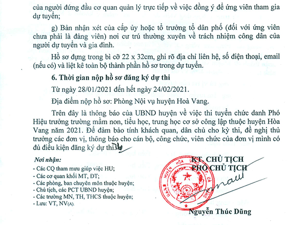 UBND huyện Hòa Vang, Đà Nẵng tuyển dụng chức danh Phó hiệu trưởng trường MN, TH, THCS năm 2021