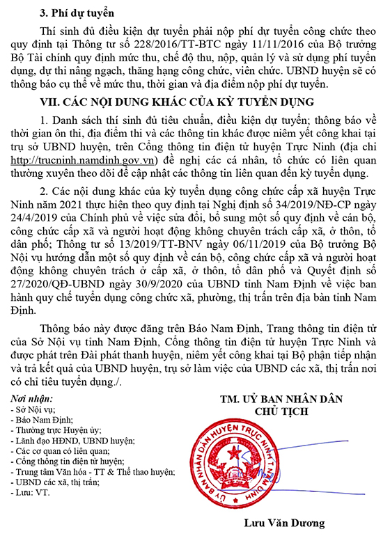 UBND huyện Trực Ninh, Nam Định tuyển dụng công chức cấp xã năm 2021