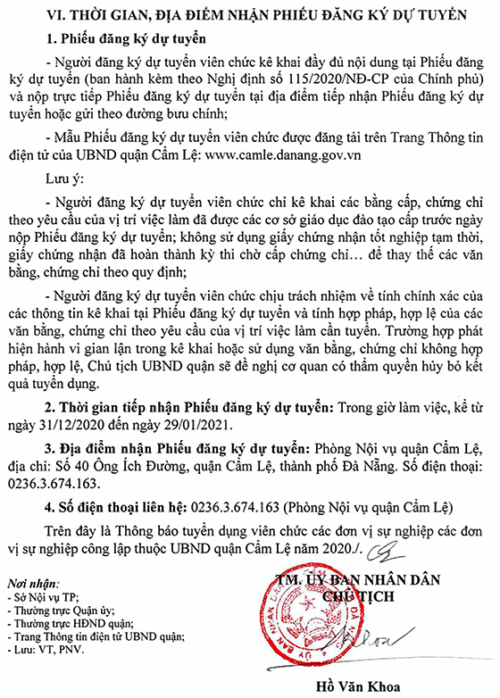 UBND quận Cẩm Lệ, TP.Đà Nẵng tuyển dụng viên chức năm 2020 