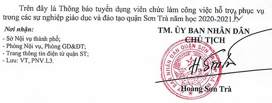 UBND quận Sơn Trà, TP. Đà Nẵng tuyển dụng nhân viên trường học năm học 2020-2021