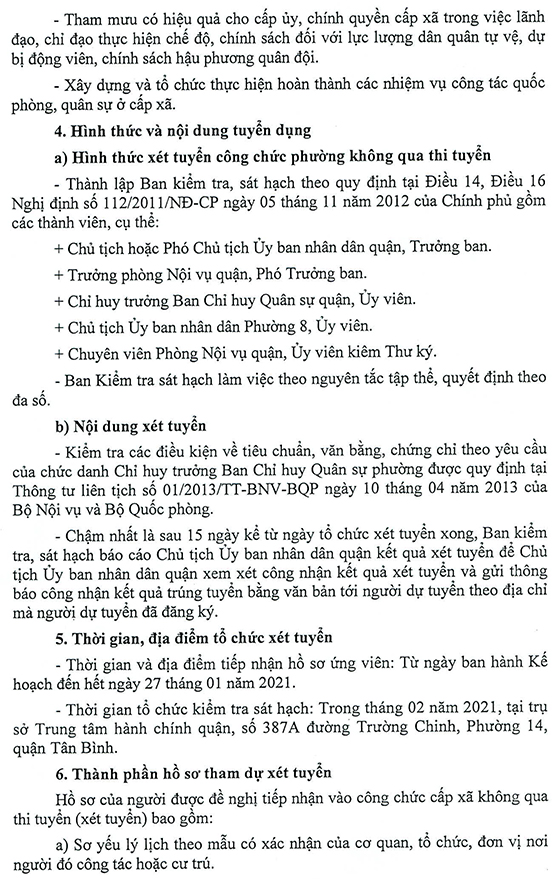 UBND quận Tân Bình, TP. Hồ Chí Minh tuyển dụng Chỉ huy trưởng BCHQS phường năm 2021
