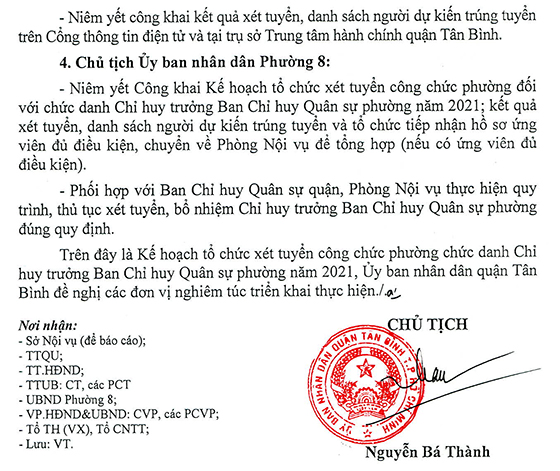 UBND quận Tân Bình, TP. Hồ Chí Minh tuyển dụng Chỉ huy trưởng BCHQS phường năm 2021