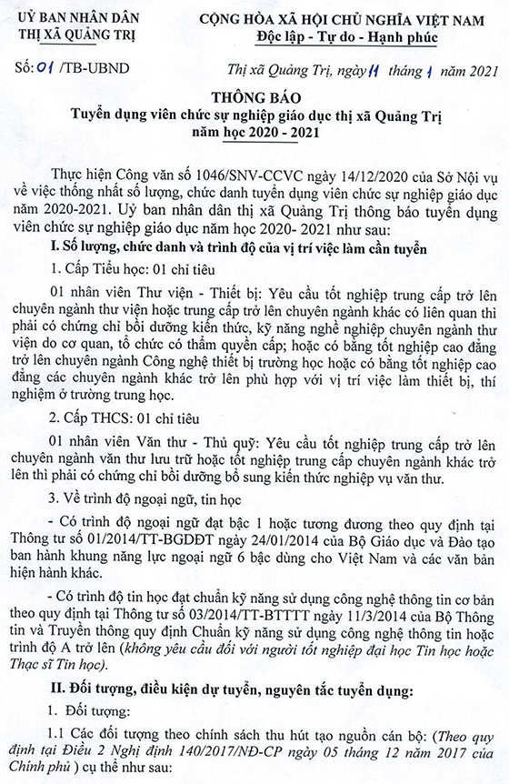 UBND thị xã Quảng Trị tuyển dụng nhân viên trường học năm học 2020-2021