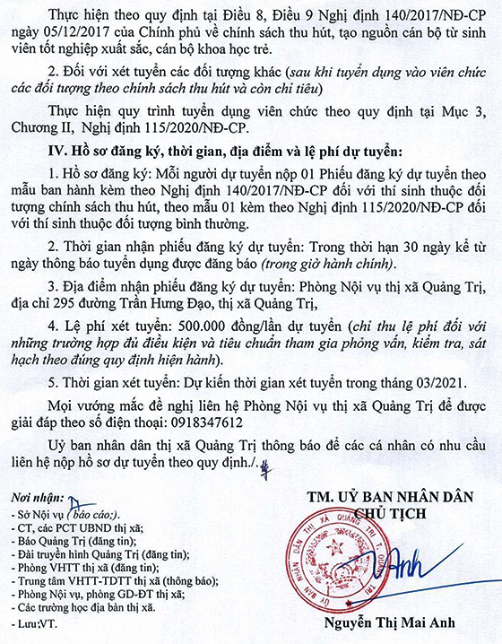 UBND thị xã Quảng Trị tuyển dụng nhân viên trường học năm học 2020-2021