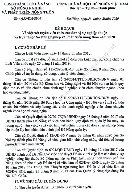 Sở Nông nghiệp và Phát triển nông thôn TP. Đà Nẵng tuyển dụng viên chức năm 2020