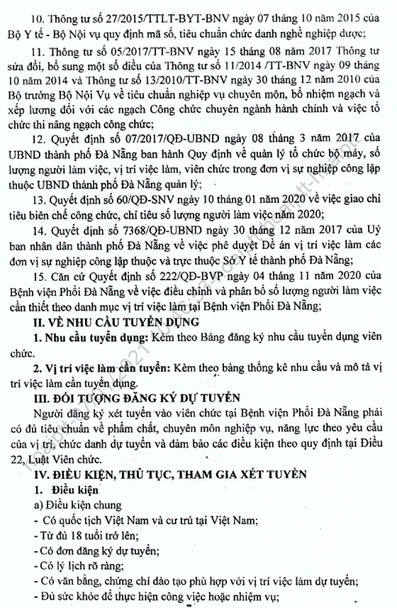 Bệnh viện Phổi Đà Nẵng tuyển dụng viên chức năm 2021