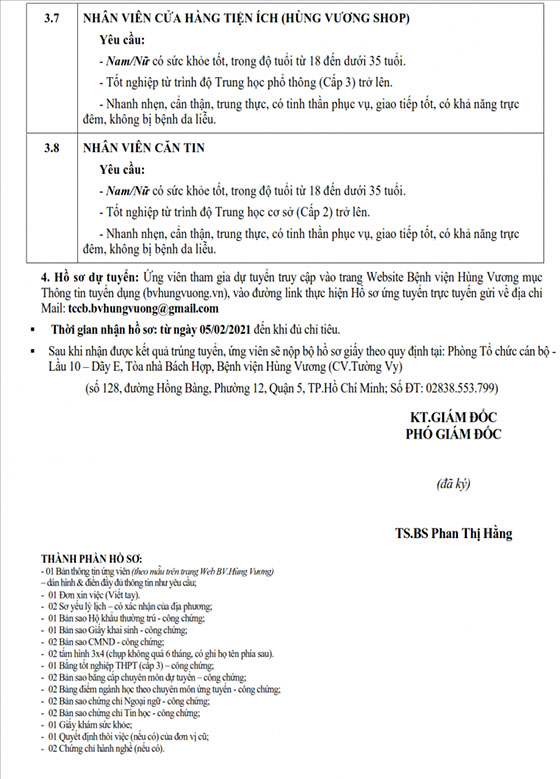 Bệnh viện Hùng Vương tuyển dụng nhân sự tháng 2/2021