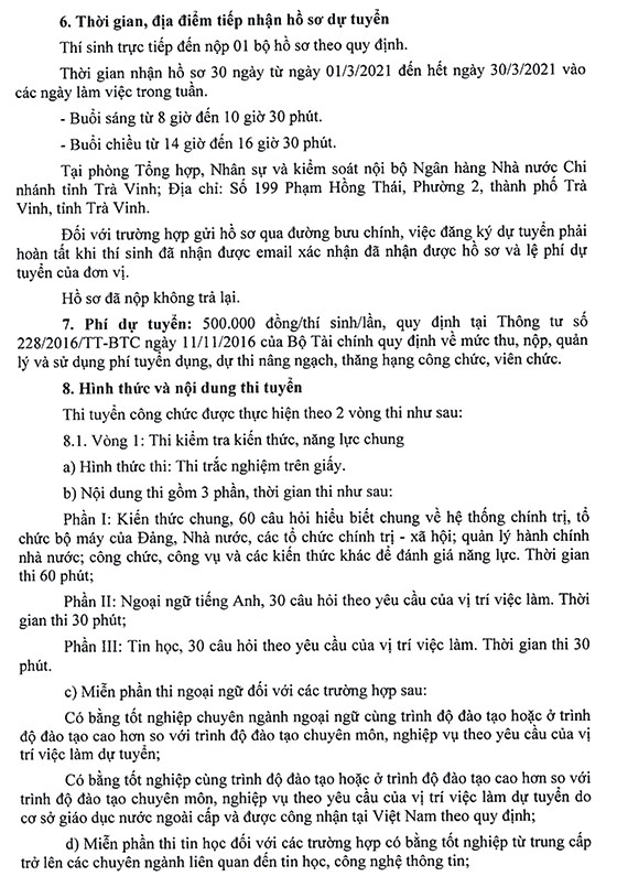 Ngân hàng Nhà nước Việt Nam chi nhánh tỉnh Trà Vinh tuyển dụng công chức năm 2021 