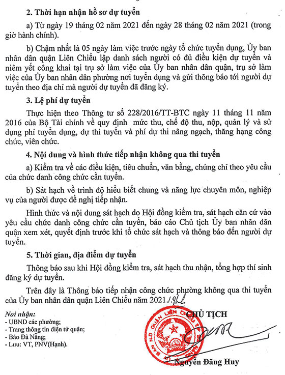 UBND quận Liên Chiểu,TP. Đà Nẵng tiếp nhận công chức phường không qua thi tuyển năm 2021