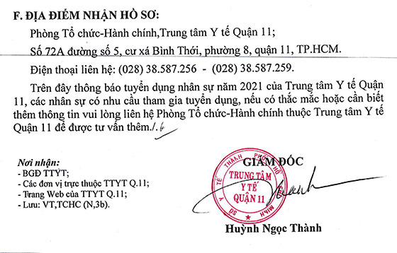 TTYT Quận 11, TP. Hồ Chí Minh tuyển dụng nhân sự năm 2021