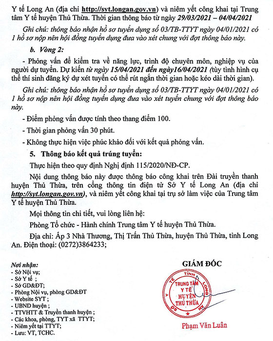 TTYT huyện Thủ Thừa, Long An tuyển dụng Y sĩ Từ nguồn ngoài Y tế học đường năm 2021