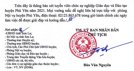 UBND huyện Phù Yên, Sơn La tuyển dụng giáo viên và nhân viên trường học năm 2021