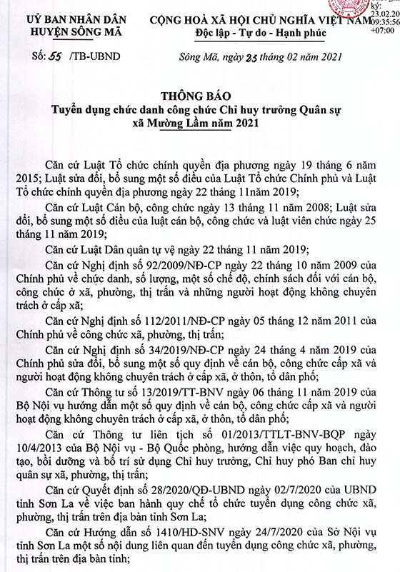 UBND huyện Sông Mã, Sơn La tuyển dụng Chỉ huy trưởng BCHQS xã năm 2021