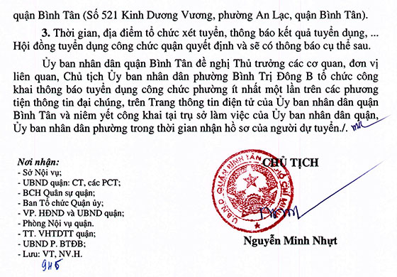 UBND quận Bình Tân, TP. Hồ Chí Minh tuyển dụng công chức cấp phường năm 2021