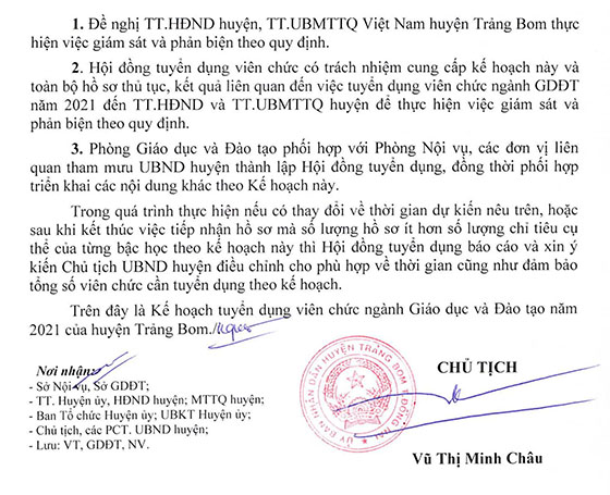 UBND huyện Trảng Bom, Đồng Nai tuyển dụng giáo viên và nhân viên trường học năm 2021