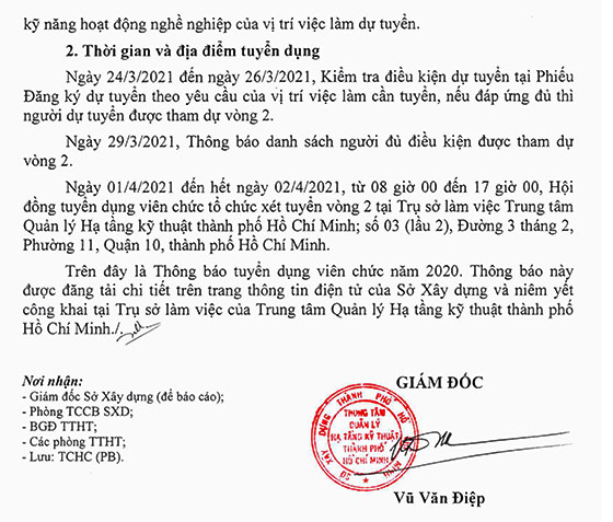 Trung tâm Quản lý Hạ tầng kỹ thuật TP. Hồ Chí Minh tuyển dụng viên chức năm 2021